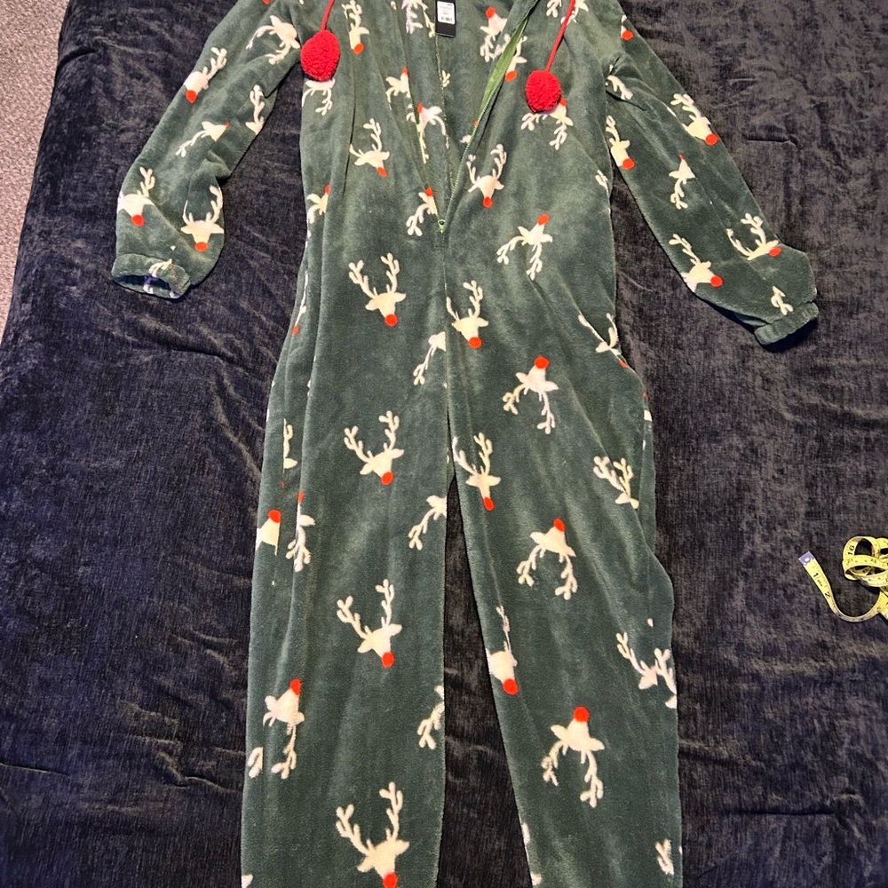 Fashion Nova Green Reindeer Pajama Onesie